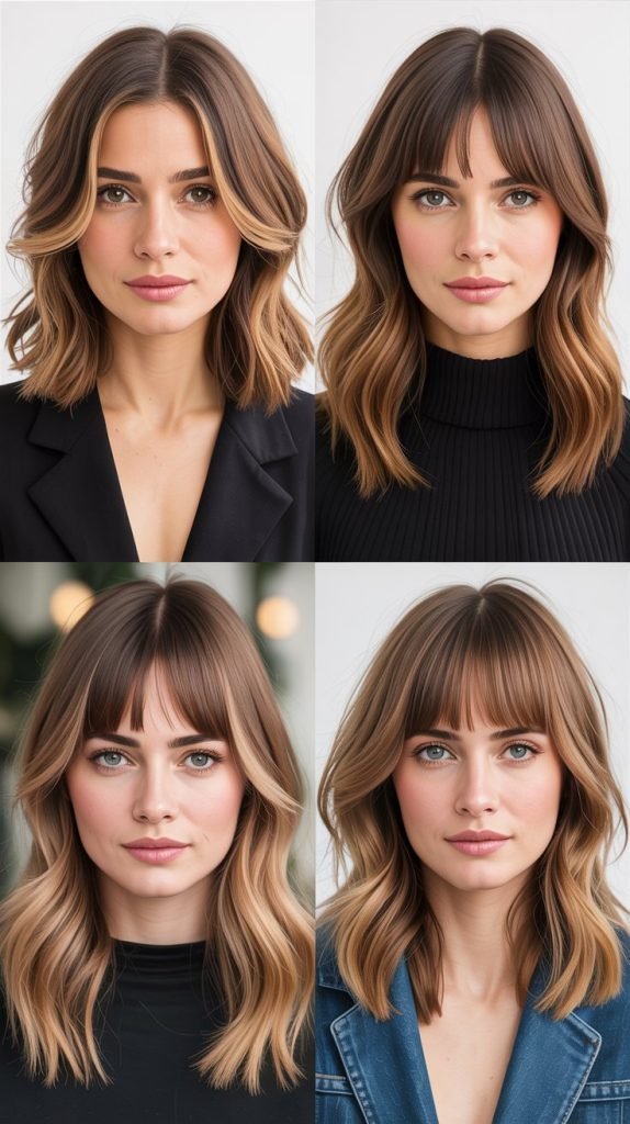  Medium Hair With Curtain Bangs And Bronde Color