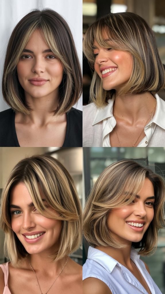  Long Bob With Curtain Bangs And Money Pieces