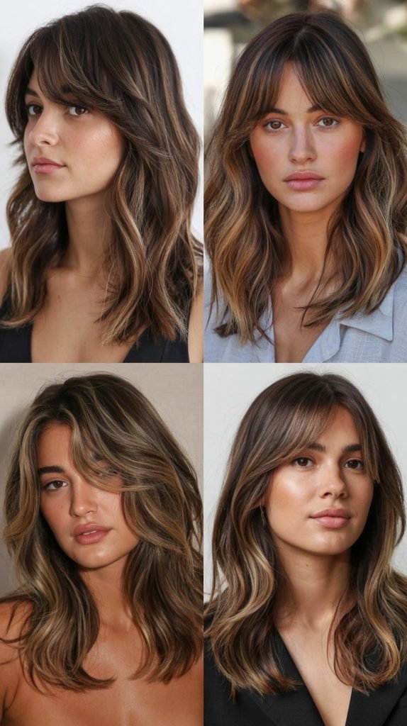 18. Medium Hair With Curtain Bangs And Caramel Highlights