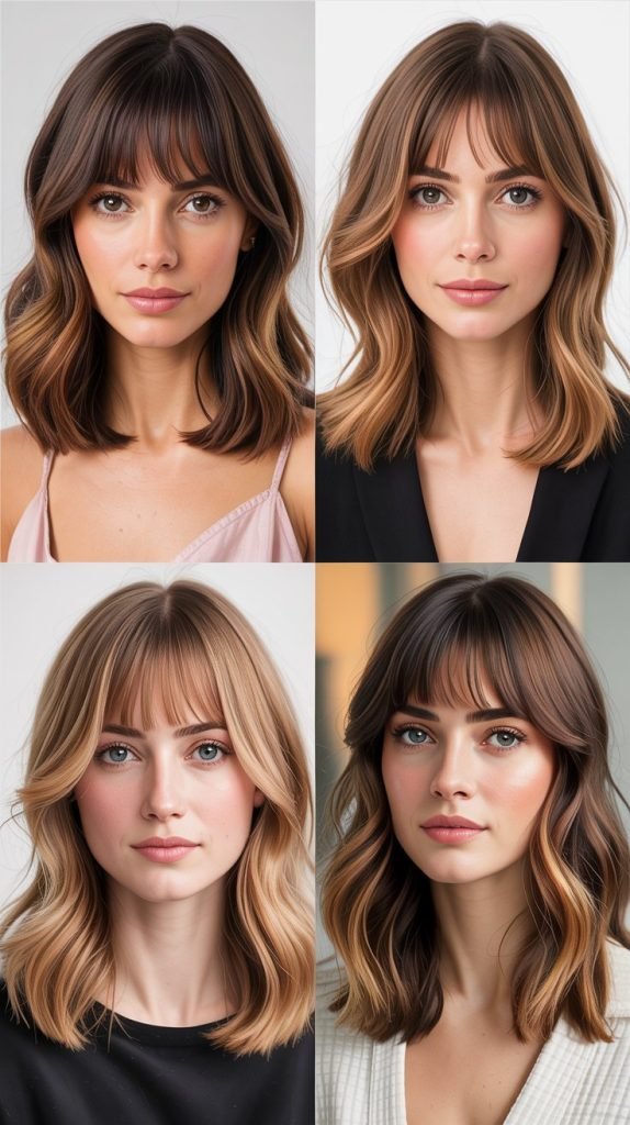 . Medium Hair With Curtain Bangs And Ribbon Highlights