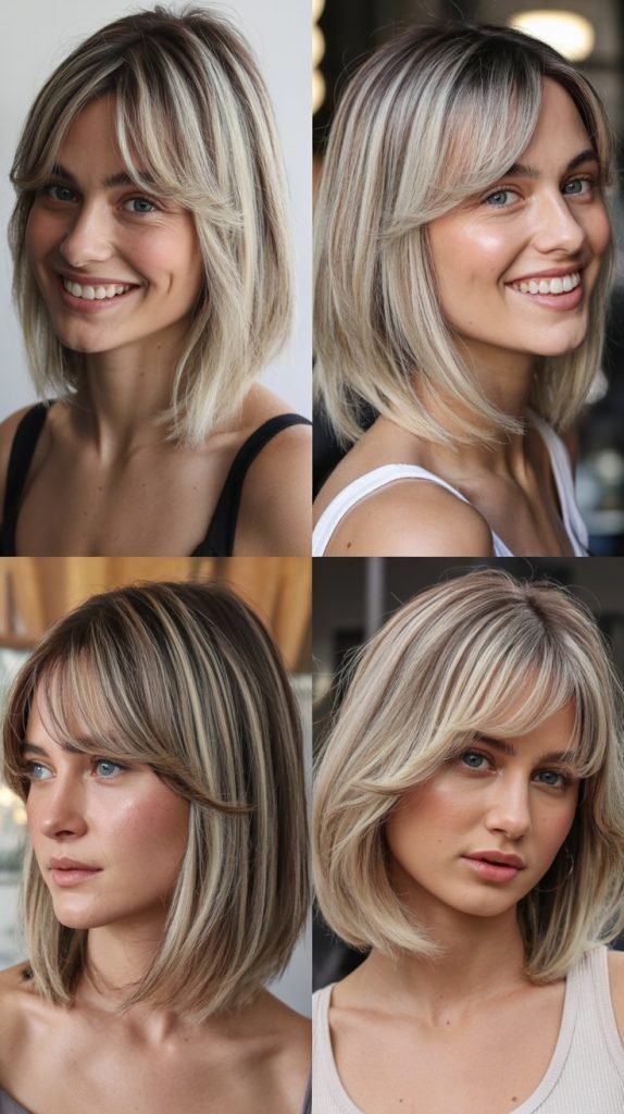  Long Bob With Curtain Bangs And Cool-Toned Highlights