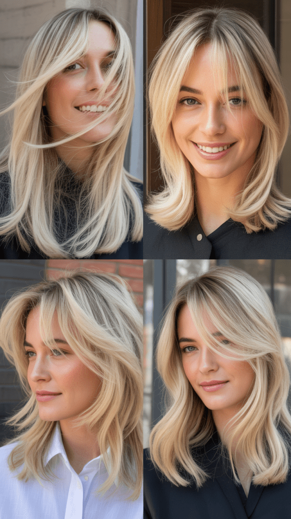 Dramatic Long Side Bangs with Platinum Blonde Layers