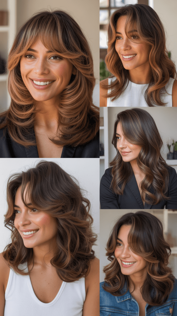 Stacked Layers With Curtain Bangs And Lowlights