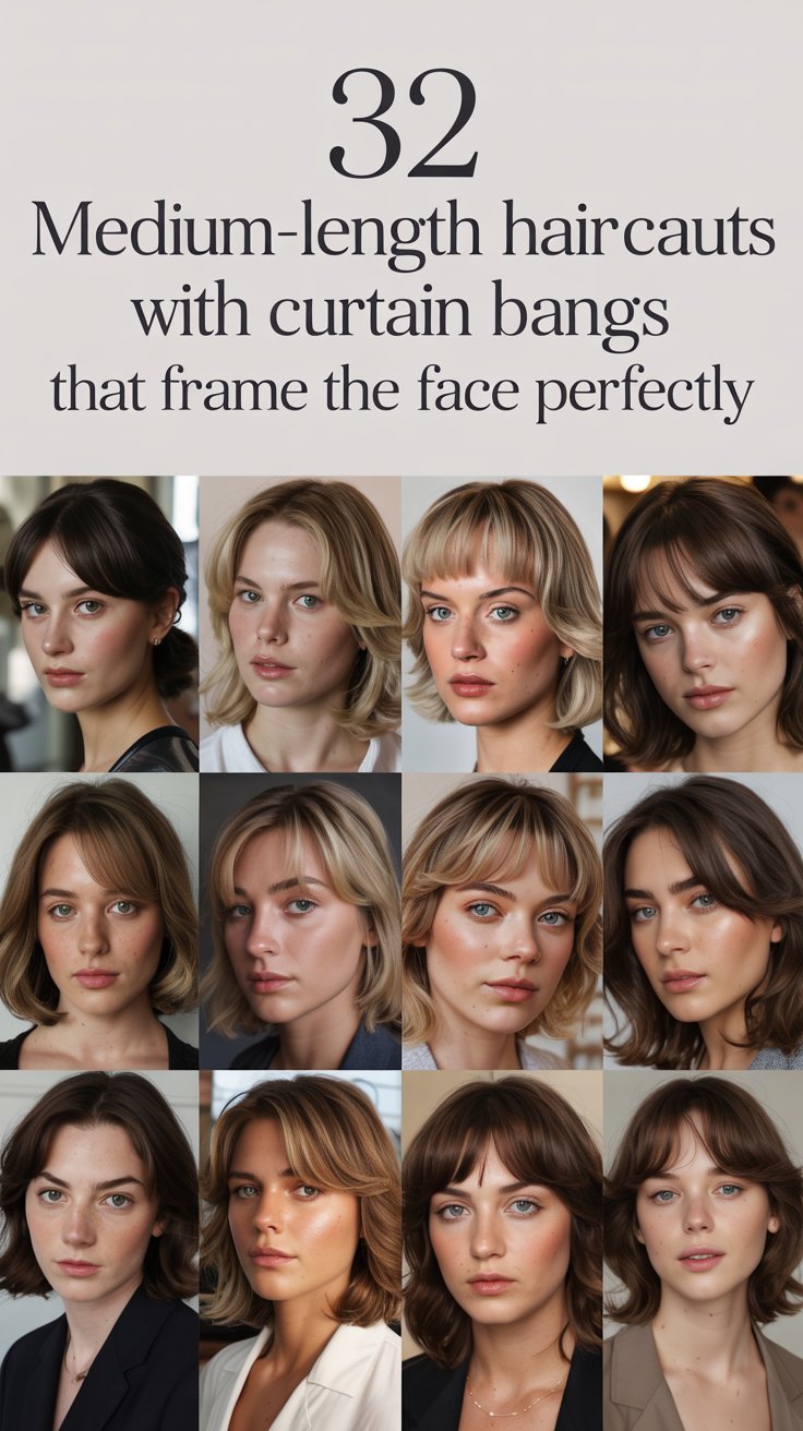 32 Medium-Length Haircuts With Curtain Bangs That Frame the Face Perfectly