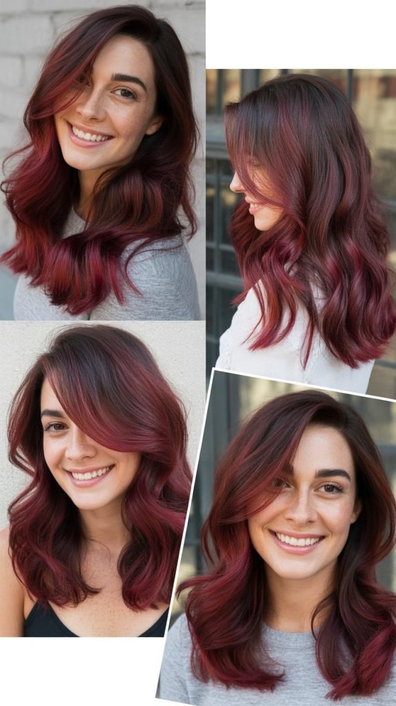 Burgundy Balayage with Side-Swept Layers