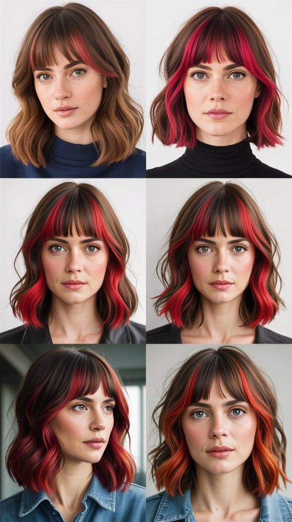  Medium Hair With Curtain Bangs And Red Highlights