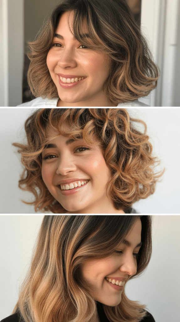 Beach Wave Lob With Butterscotch Balayage and Curtain Bangs