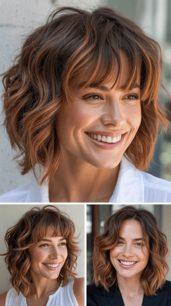 Shaggy Lob With Copper Balayage and Choppy Bangs
