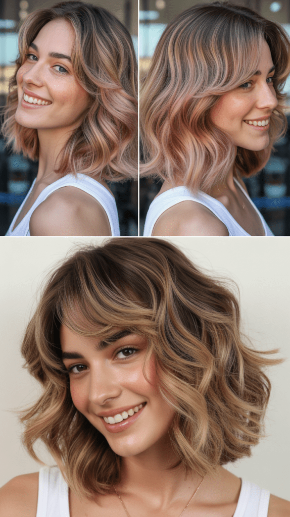 Tousled Lob With Rose Gold Balayage and Feathered Bangs