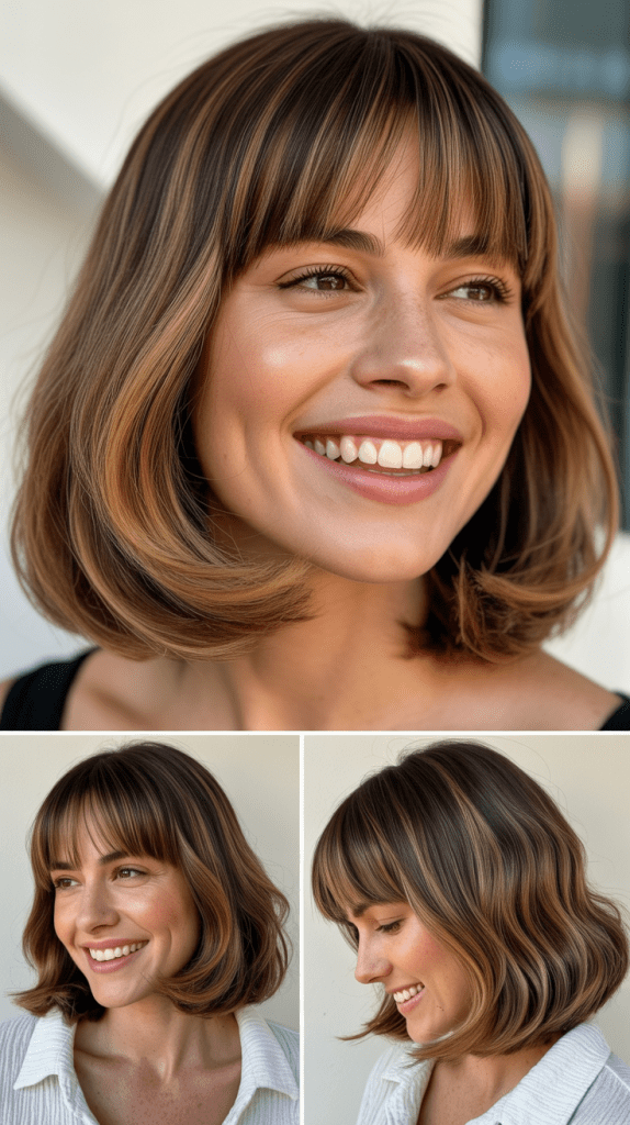 Rounded Lob With Chestnut Balayage and Full Bangs