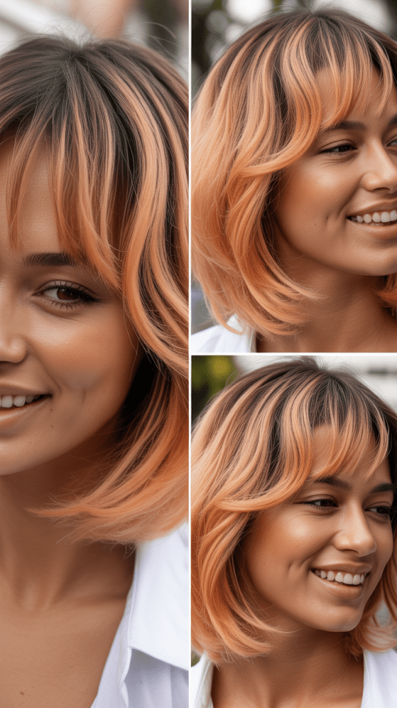 Soft Lob With Peach Balayage and Tapered Bangs
