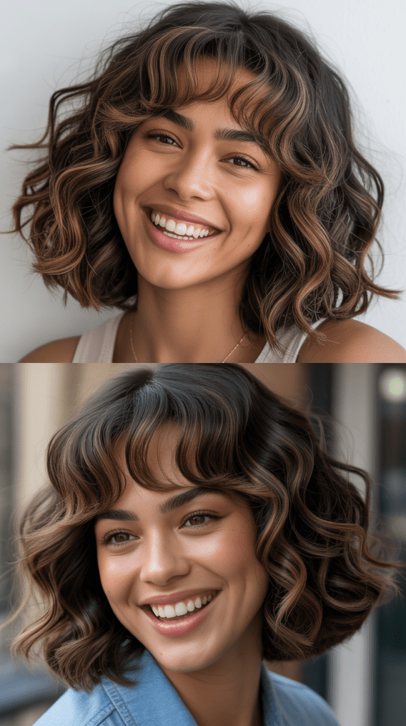 Textured Long Bob With Curtain Bangs And Lowlights