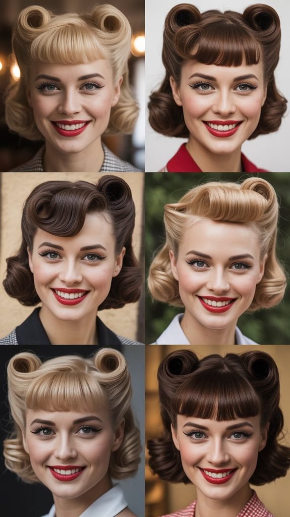 Retro-Inspired Victory Rolls with Bangs