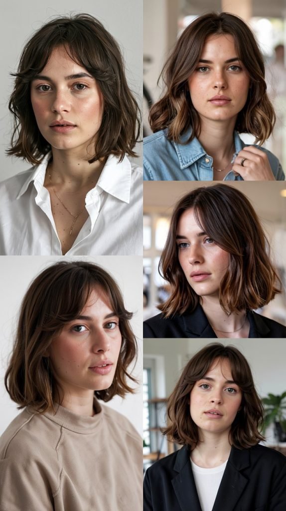 Brunette Lob With Honey-Toned Curtain Bangs