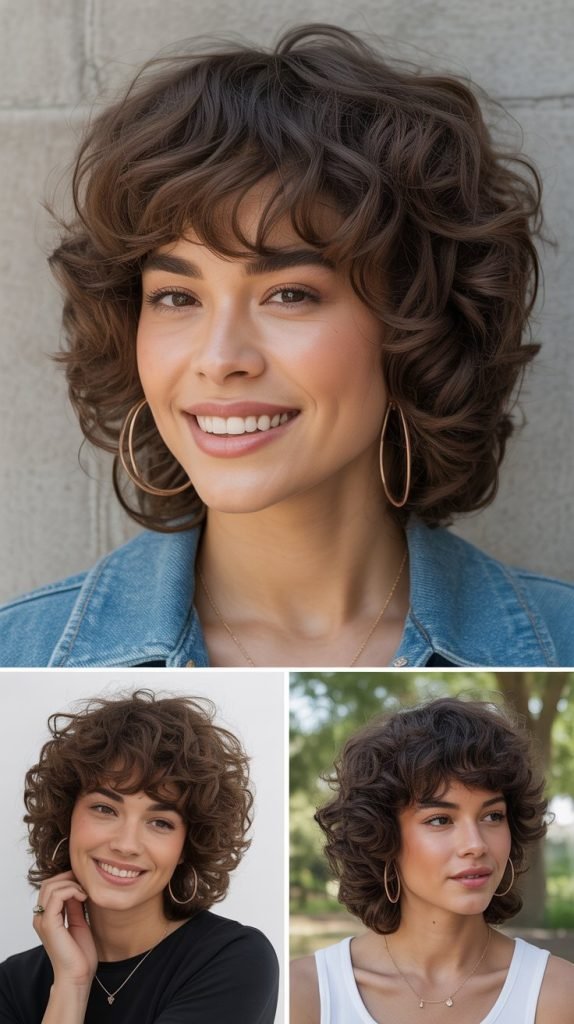 Curly Medium Cut with Wispy Bangs