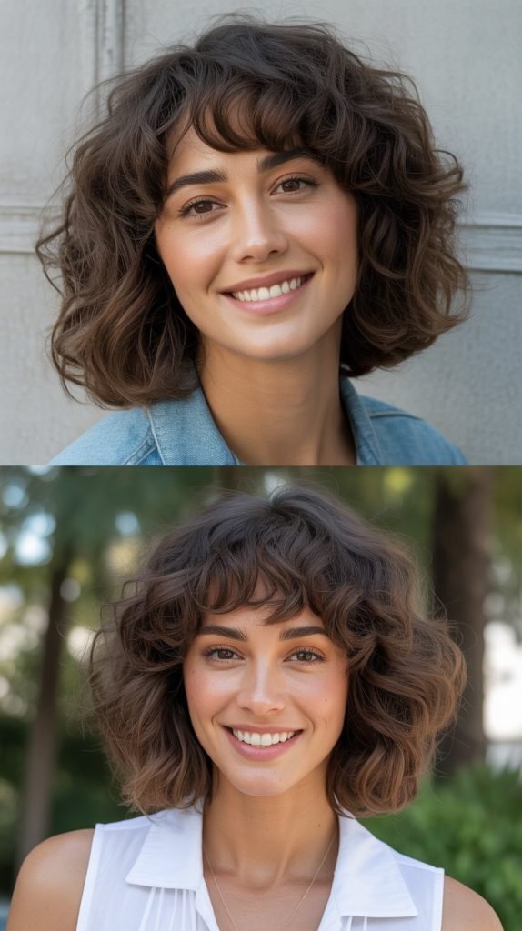 Curly Medium Lob with Center-Parted Bangs