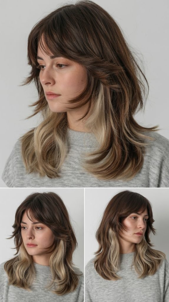 Curtain Bangs with Long Layers Starting at the Shoulders
