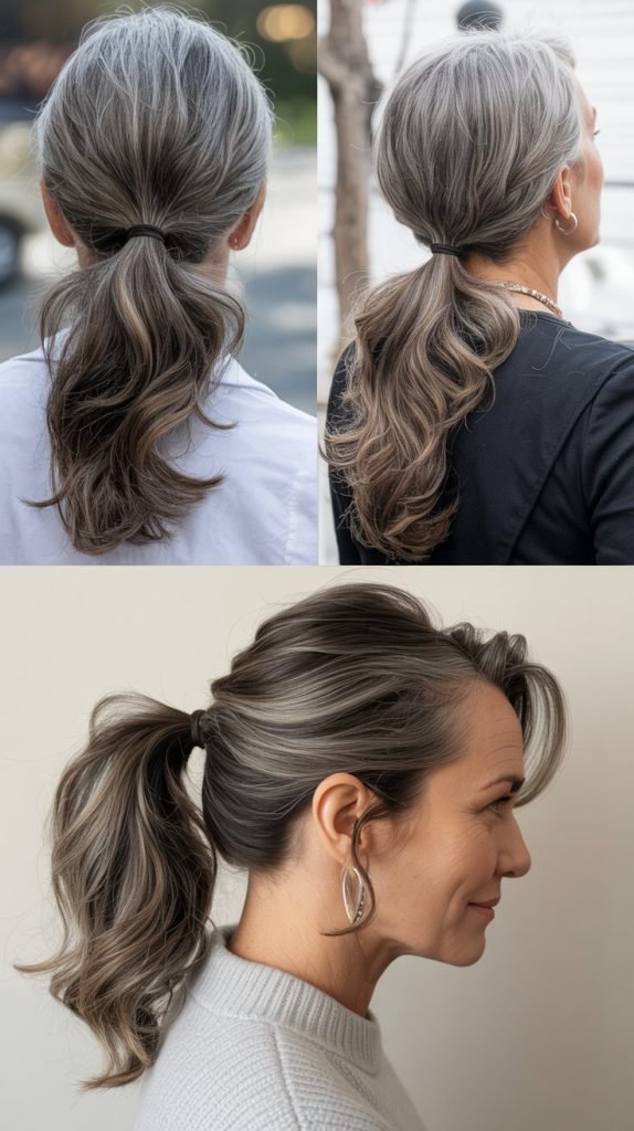 Loose Ponytail with Gray Highlights
