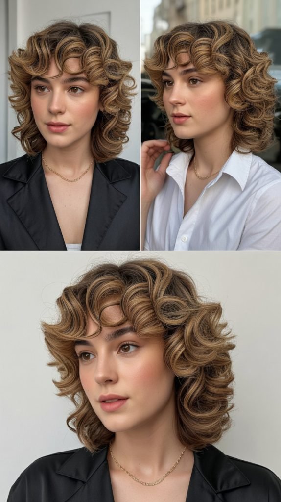 Bouncy Curls with Spiral Curtain Bangs