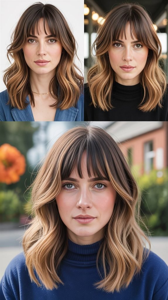 9. Medium-Length Hair With Curtain Bangs And Balayage Highlights