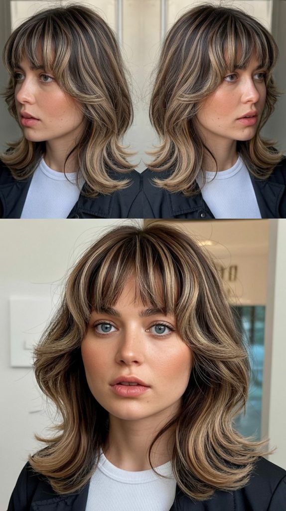  Wispy Curtain Bangs with Face-Framing Highlights