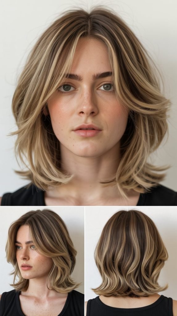 Side-Swept Curtain Bangs with Cascading Layers