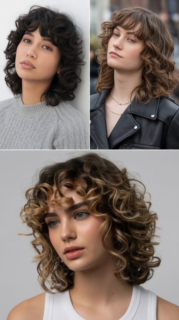 Curly Medium-Length Hair with Curtain Bangs