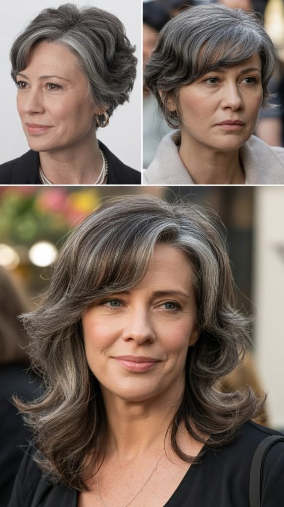 Side-Swept Bangs with Gray Highlights