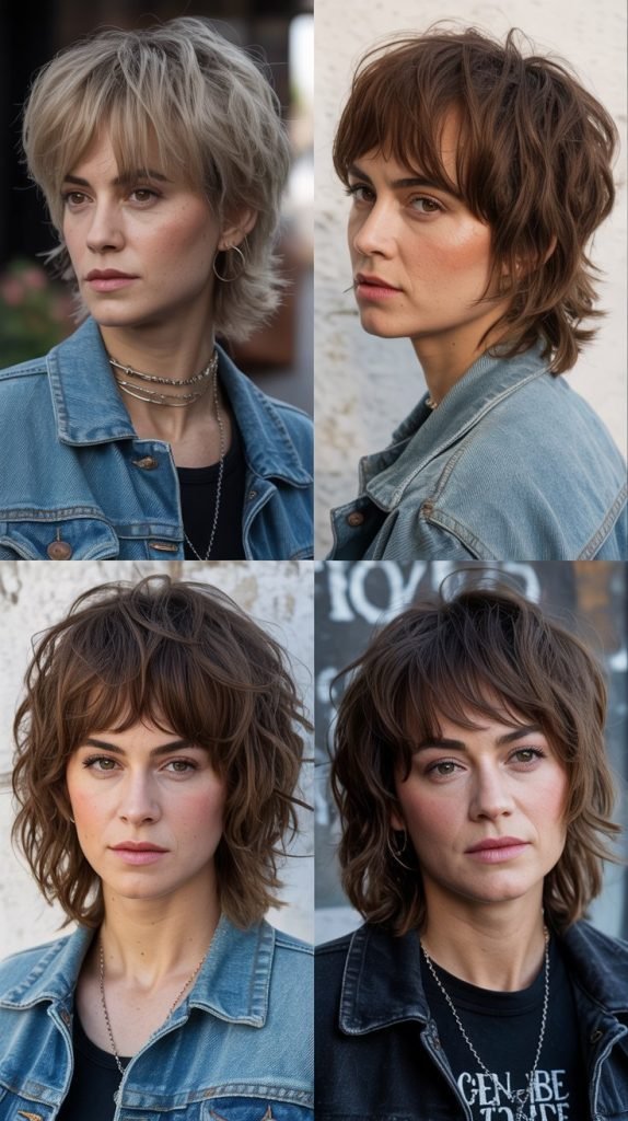 Realistic 4-image collage featuring a woman with a textured fringe and medium shag haircut on a round face shape. Includes choppy, textured bangs, shaggy layered movement throughout, rock-inspired styling, and an edgy, cool aesthetic captured in music-inspired photography.