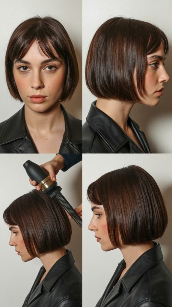 10. Sleek Lob with Arched Bangs