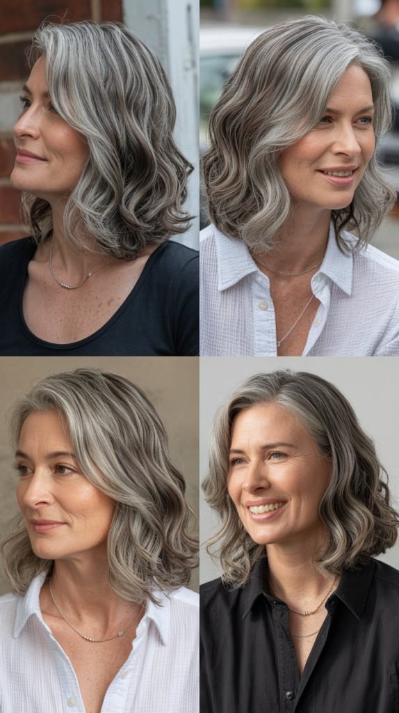 Wavy Mid-Length with Natural Silver Ribbons