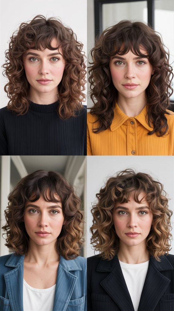 8. Medium Curly Hair With Curtain Bangs