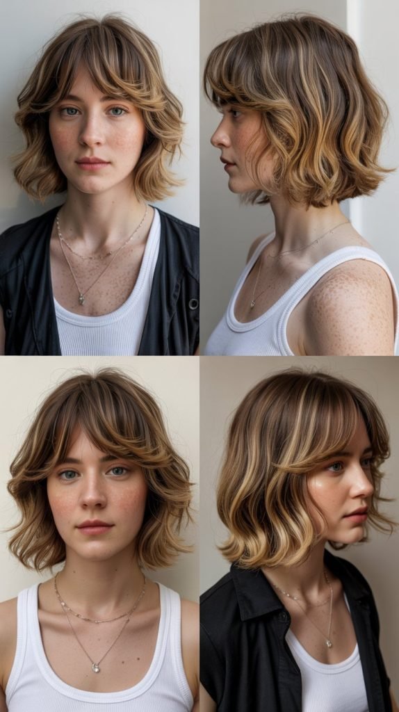 1. Curtain Bangs with Layered Lob