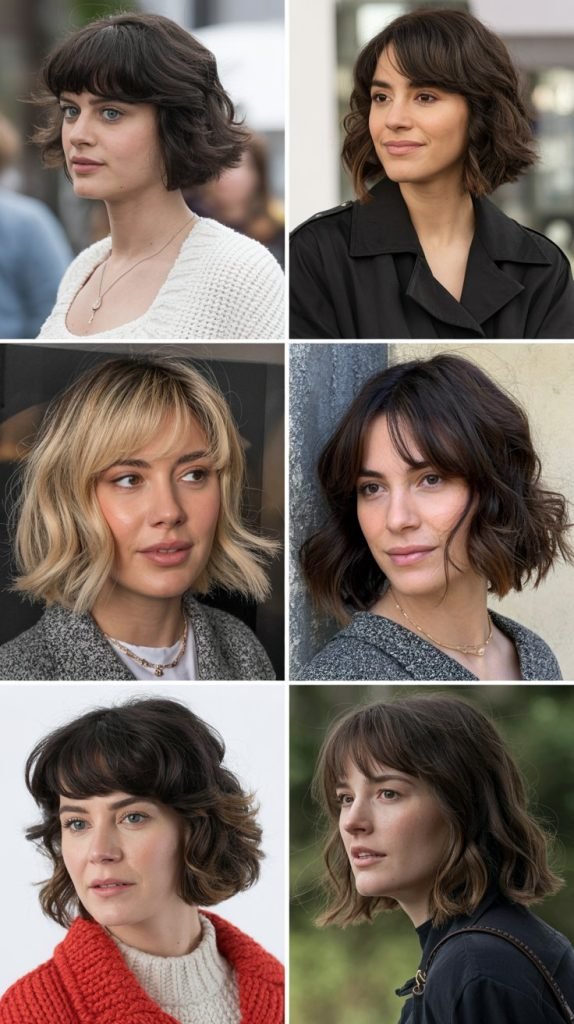 15. Textured Lob with Brow-Skimming Bangs