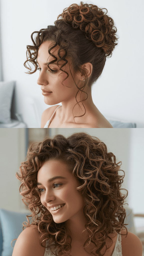Curly Top Knot with Face-Framing Pieces