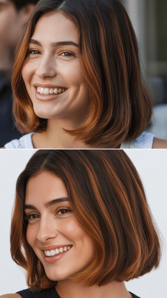 Amber Highlights on Dark Brown Lob