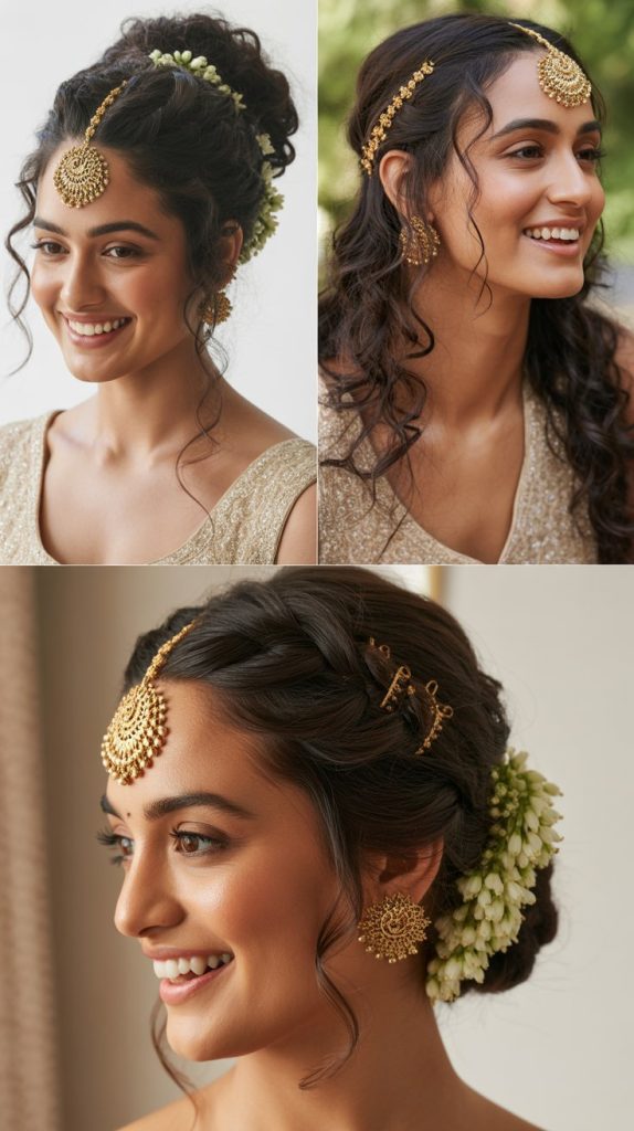 High Curly Bun with Gold Juda Pins