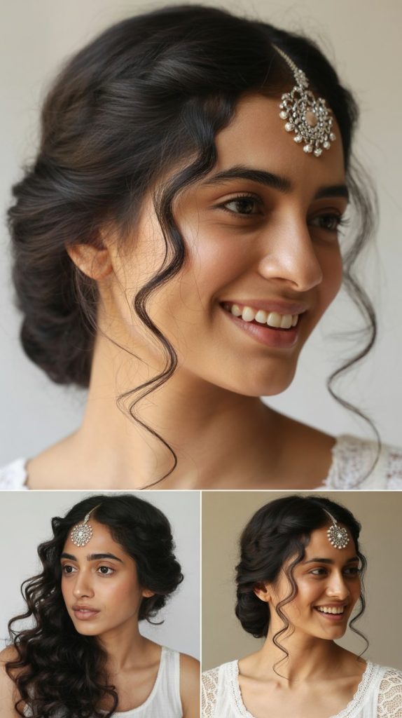 3. North Indian Side-Swept Curls with Maang Tikka