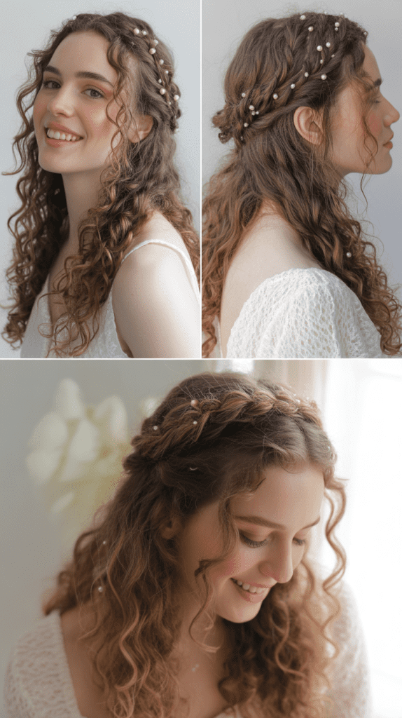 Half-Up Braided Crown with Loose Curls