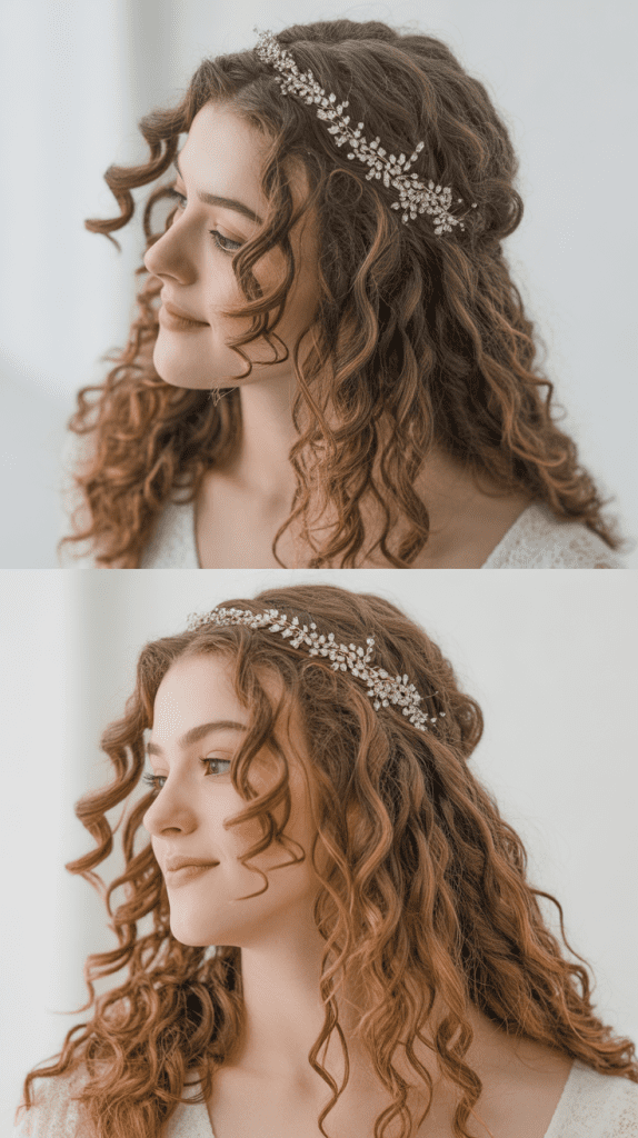 Loose Curls with Jeweled Hair Vine Crown