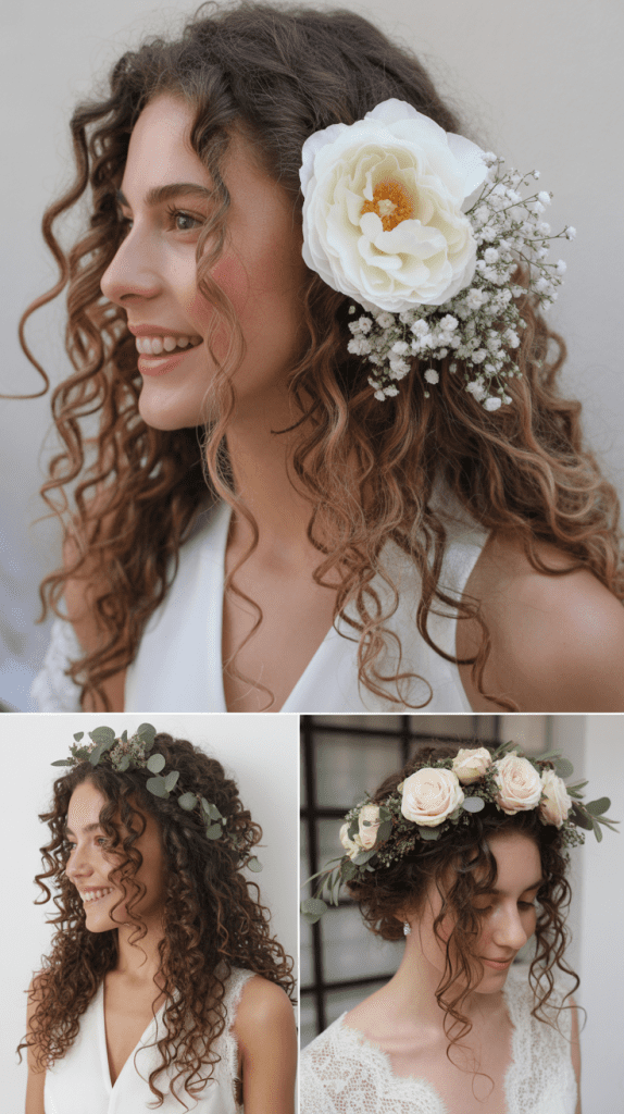 Loose Curls with Statement Floral Piece