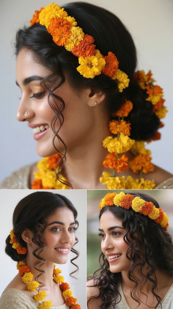 Pinned Curls with Marigold Decoration