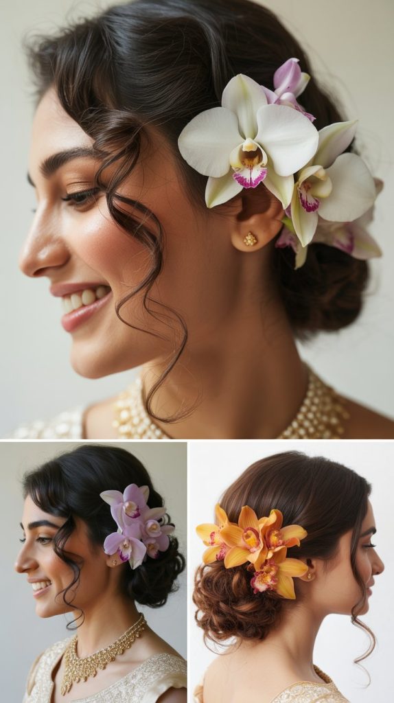 Side-Swept Curls with Fresh Orchids