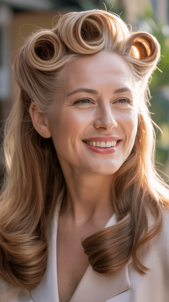Vintage-Inspired Victory Rolls with Long Hair