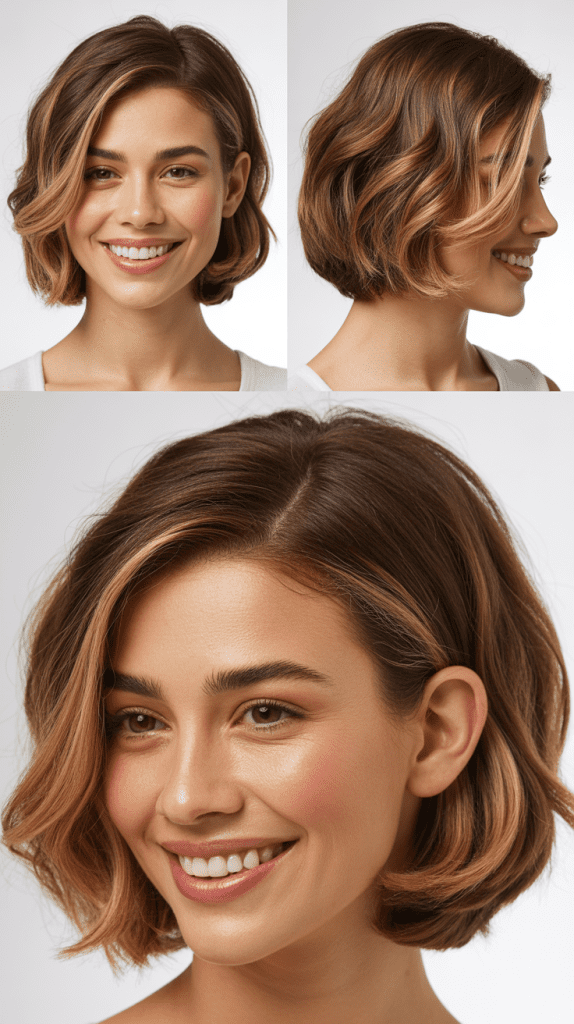 a smiling woman with (3 image collage smiling woman with different looks no text overly)Biscotti Highlights on Short Brown Hair