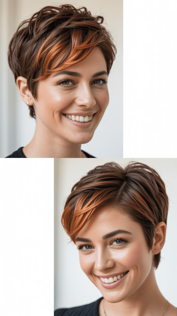 Copper Penny Highlights on Brown Pixie Cut