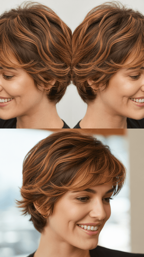 Honey Butter Highlights on Textured Short Brown Hair