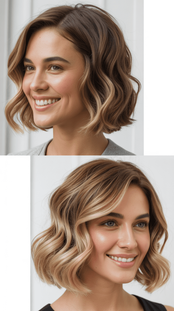 Sandy Blonde Highlights on Wavy Brown Bob
