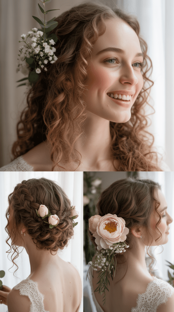 Romantic Curly Side Bun with Florals