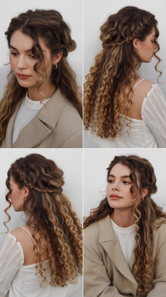 Voluminous Curly Half-Updo with Braid